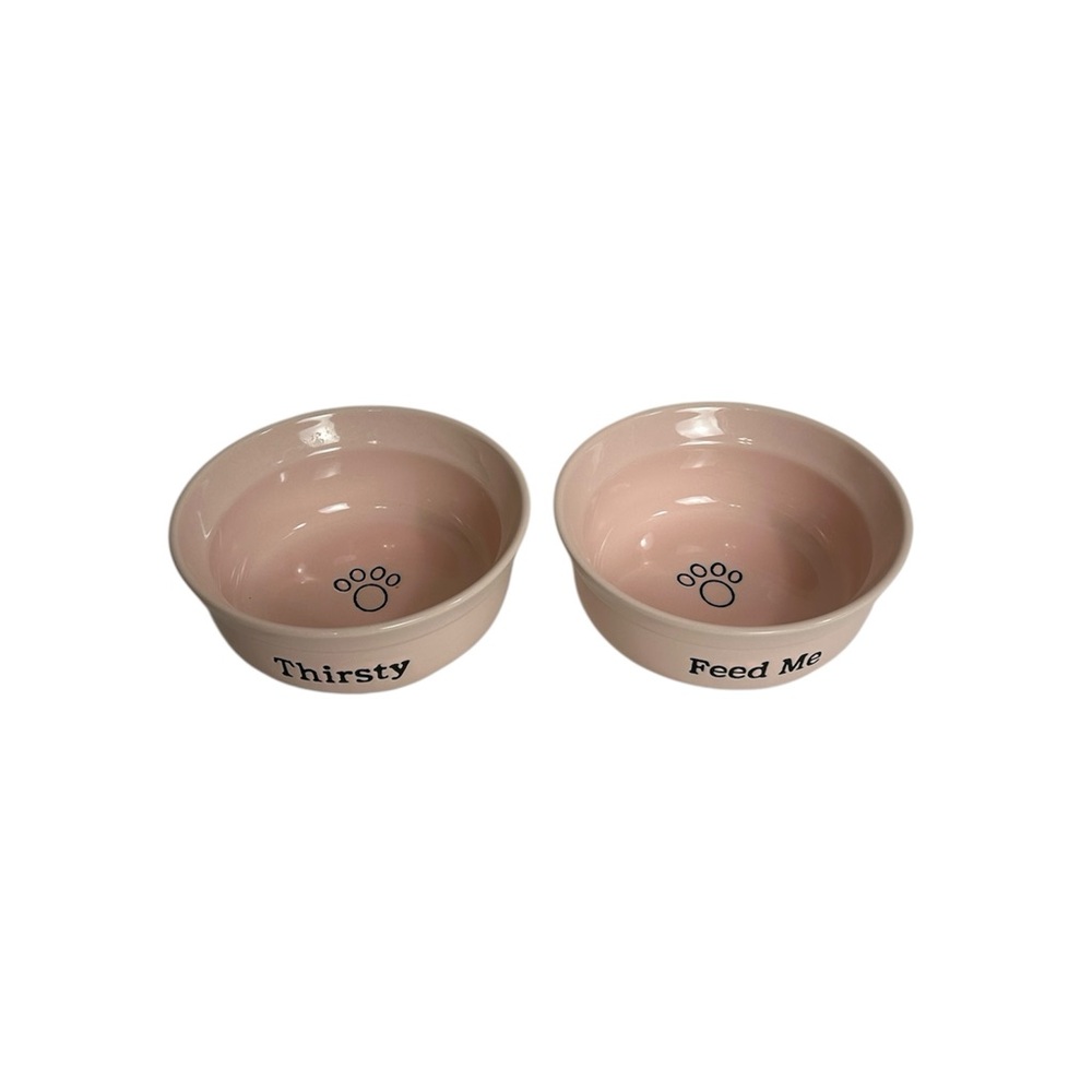Feed Me & Thirsty Pet Paws Pale Pink Cat/Small Dog Ceramic Bowl Set
